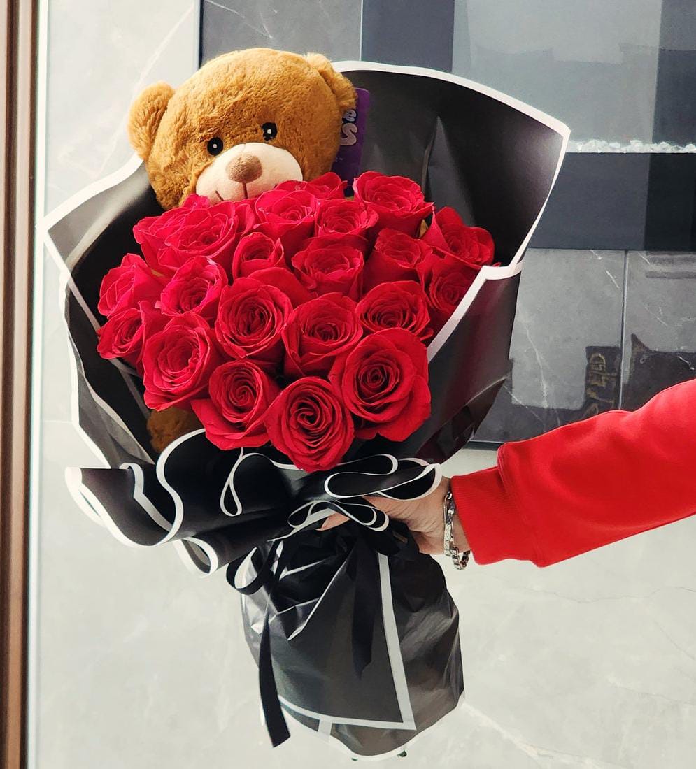 Velvety Red Roses & Cuddly Teddy Bear Romance Bouquet  KF037